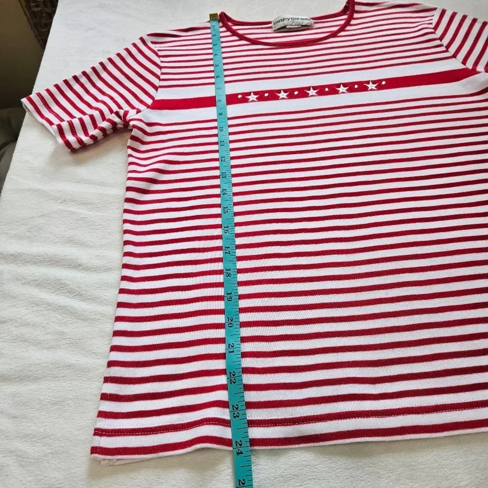 Cathy Daniels Shirt Women's Patriotic Red White Striped Rhinestone Embellished